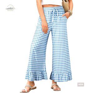 Wide Leg Palazzo Pants High Waisted Drawstring Elastic Ruffle Hem with Pockets